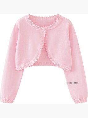 Girls Open Front Cropped Cardigan Shrug Knit Long Sleeve Button Top